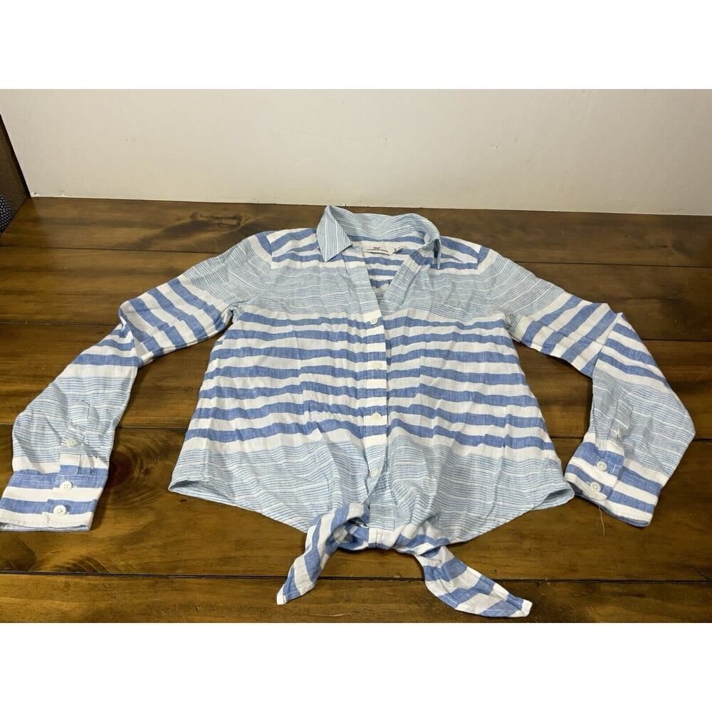 Vineyard Vines Stripe Tie Front Shirt Linen Blend Woman’s Size 0 Blue White